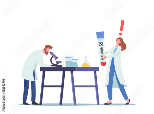 Scientists Scientific Research in Science Laboratory with Blood Infected with Malaria, Man Look in Microscope