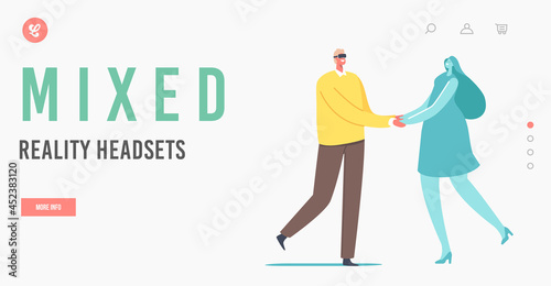 Mixed Reality Headsets Landing Page Template. Man Use Virtual Reality Technology for Dating. Male Wear Augmented Reality