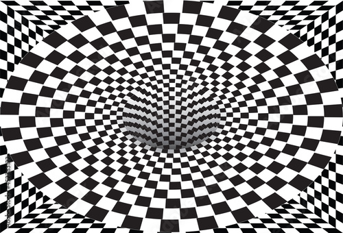Abstract striped black and white Spiral background. Tunnel with checkered surface