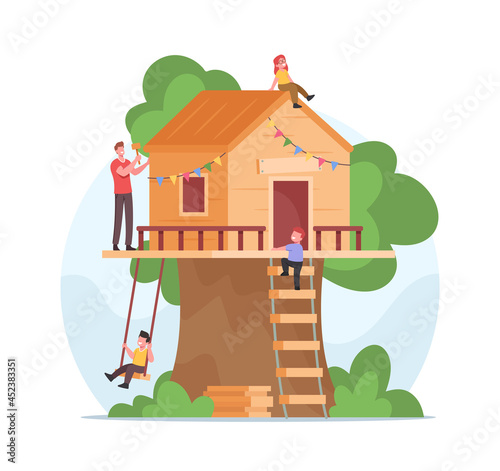 Father with Hammer Build Treehouse for Happy Kids. Family Spend Time all Together. Joyful Children Characters Playing