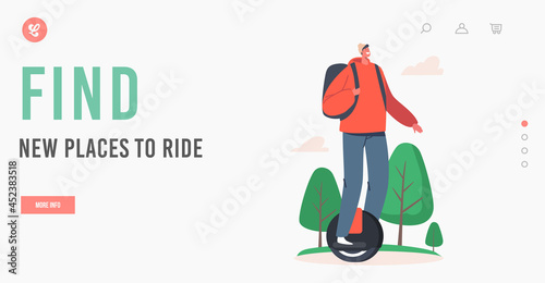 Teen Cyclist Riding Unicycle Landing Page Template. Outdoors in Summer Active and Healthy Lifestyle, Ecology Transport