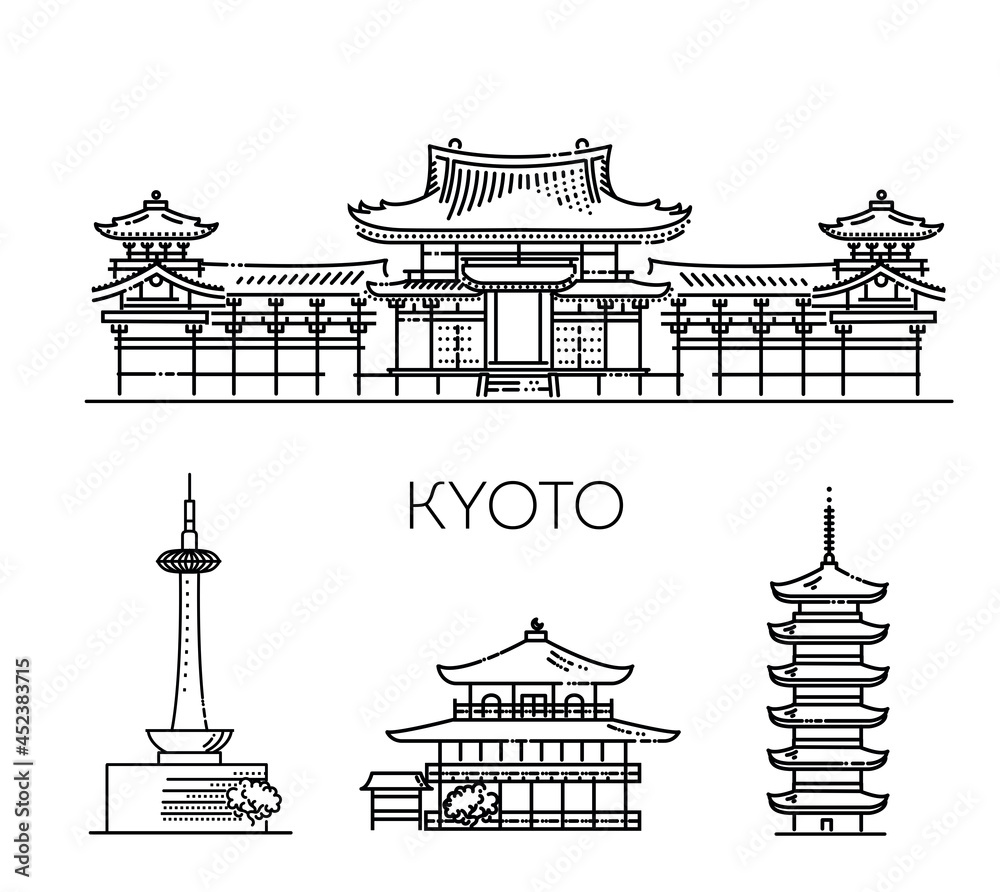 Naklejka premium Tourist attractions of Kyoto. Vector symbols