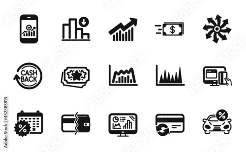 Vector set of Versatile, Online payment and Calendar discounts icons simple set. Cashback, Car leasing and Smartphone statistics icons. Decreasing graph, Change card and Demand curve signs. Vector