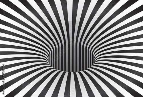 Abstract striped black and white Spiral background. Tunnel with striped surface