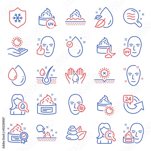 Beauty icons set. Included icon as Uv protection, Night cream signs. Problem skin, Skin care, Moisturizing cream symbols. Wash hands, Oil drop, 24 hours. Spa stones, No sun. Line icons set. Vector