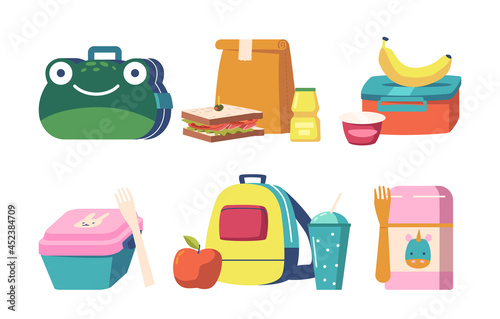 Set of School Lunch Boxes, Lunchbox Collection of Childish Design with Food, Fruits or Vegetables Boxed in Kid Container photo