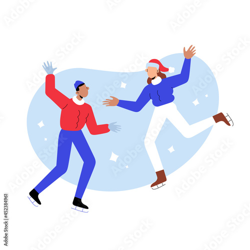 Multiethnic couple ice skating together, young woman and man on ice rink wearing racing skates and christmas hats, outdoors activities during winter holidays, vector cartoon illustration