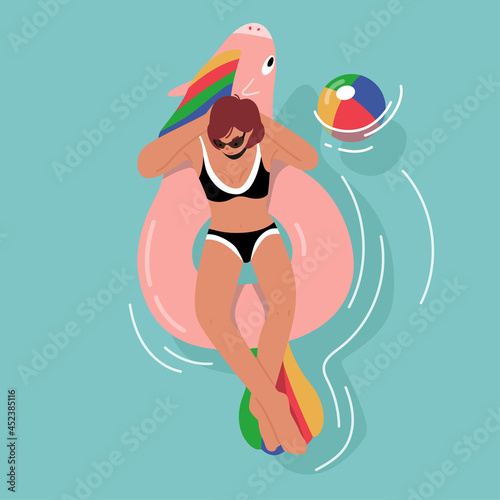 Female Character in Swimwear Enjoying Summertime Vacation Floating on Inflatable Mattress in Shape of Unicorn in Ocean © Hanna Syvak