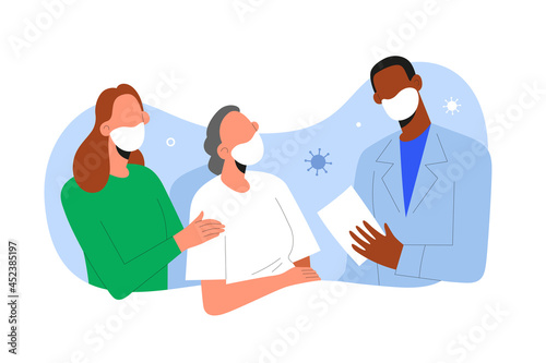 Patient getting well from covid pneumonia, medical doctor and family visiting a senior woman in hospital recovering from coronavirus infection, elderly woman taken care of, vector illustration