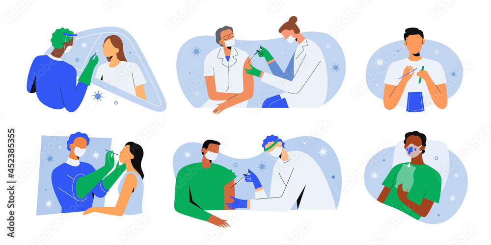 Covid vaccine shot, women and men get vaccinated, tested for coronavirus infection with nasal swab, rapid drive-through PCR test, patient with pneumonia in hospital, vector characters illustration