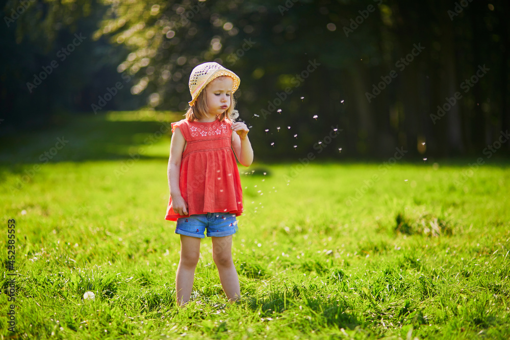 Little girl in straw hat blowing on dandelion on a summer day