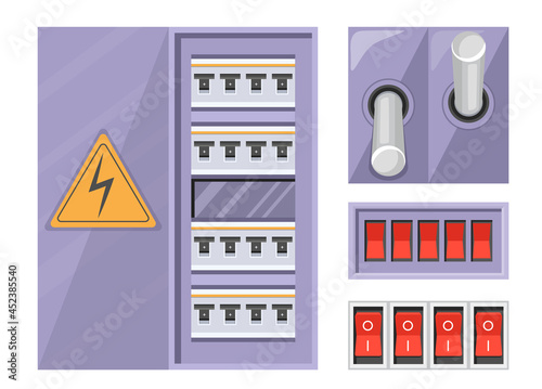 Set Electric Breaker Switchbox with Warning Sign and Red Buttons Isolated on White Background. Power Station Control