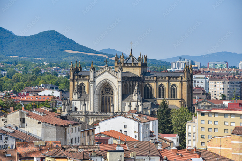 Vitoria Gasteiz, Spain - 21 Aug, 2021: Views of the Cathedral of Santa Maria and the city of Vitoria