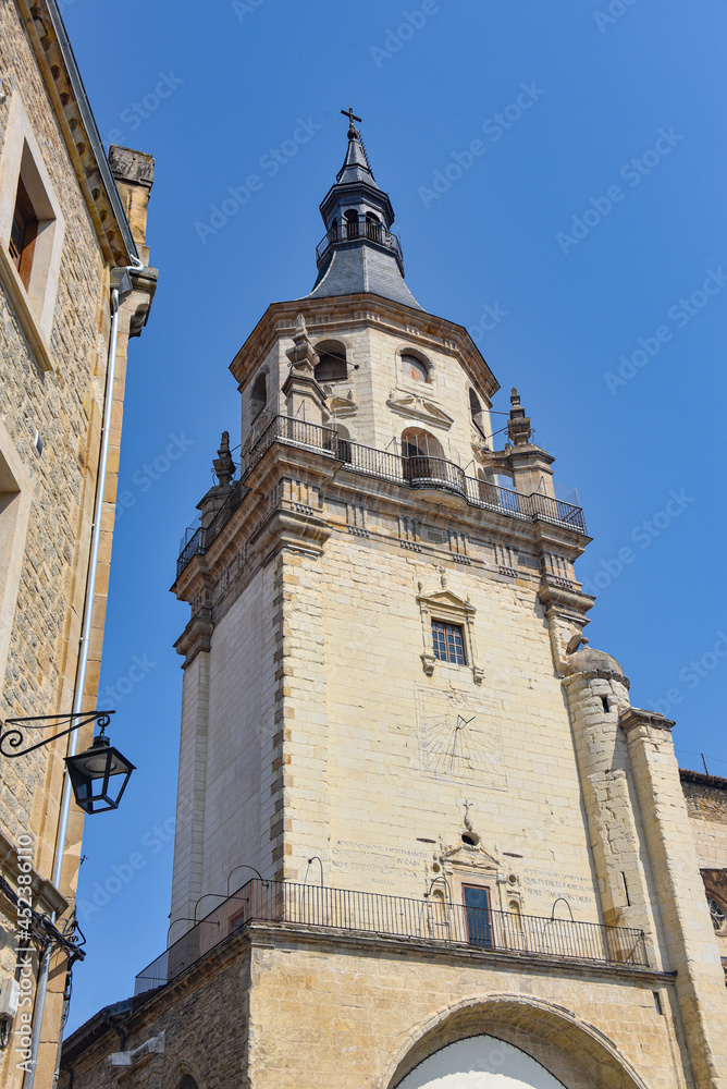 Vitoria-Gasteiz, Spain - 21 Aug, 2021: The tower of Santa Maria Cathedral in old town Vitoria Gasteiz
