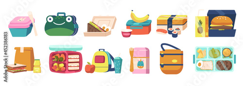 Set of Lunchboxes, Lunch and Bento Boxes Collection with Dinner, Fast Food and Healthy Vegetables Boxed in Containers