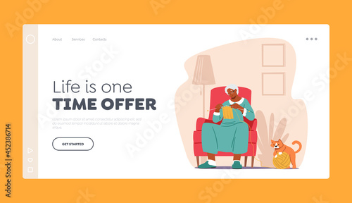 Grandmother Enjoying Knitwork Landing Page Template. Senior Woman Sitting on Armchair Knitting Clothing, Granny Hobby