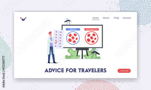 Advice for Travelers Landing Page Template. Microbiology Scientist Male Character Learn Blood Cell Infected with Malaria photo