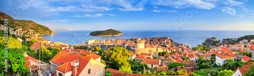 Coastal summer landscape, panorama - view of Dubrovnik with the Old Town and Lokrum island on the Adriatic coast of Croatia