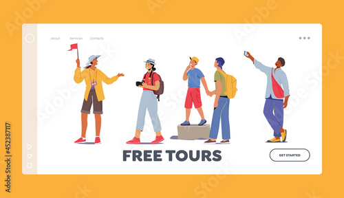 Fototapeta Naklejka Na Ścianę i Meble -  Free Tour Landing Page Template. Tourists Group Excursion. Young People with Backpacks and Photo Cameras Traveling
