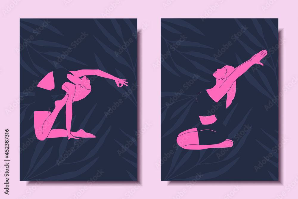 Yoga concept. Set of posters with women. Vector illustration.