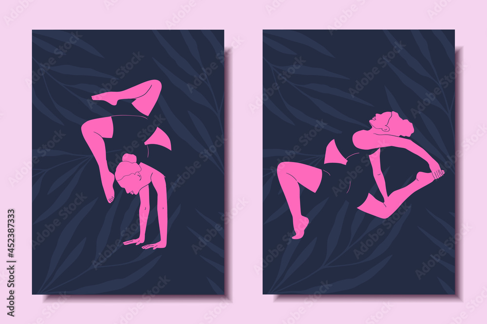 Set of bright posters with abstract women doing yoga. Modern Art. Vector illustration. Set of bright posters with abstract women doing yoga. Modern Art. Vector illustration.