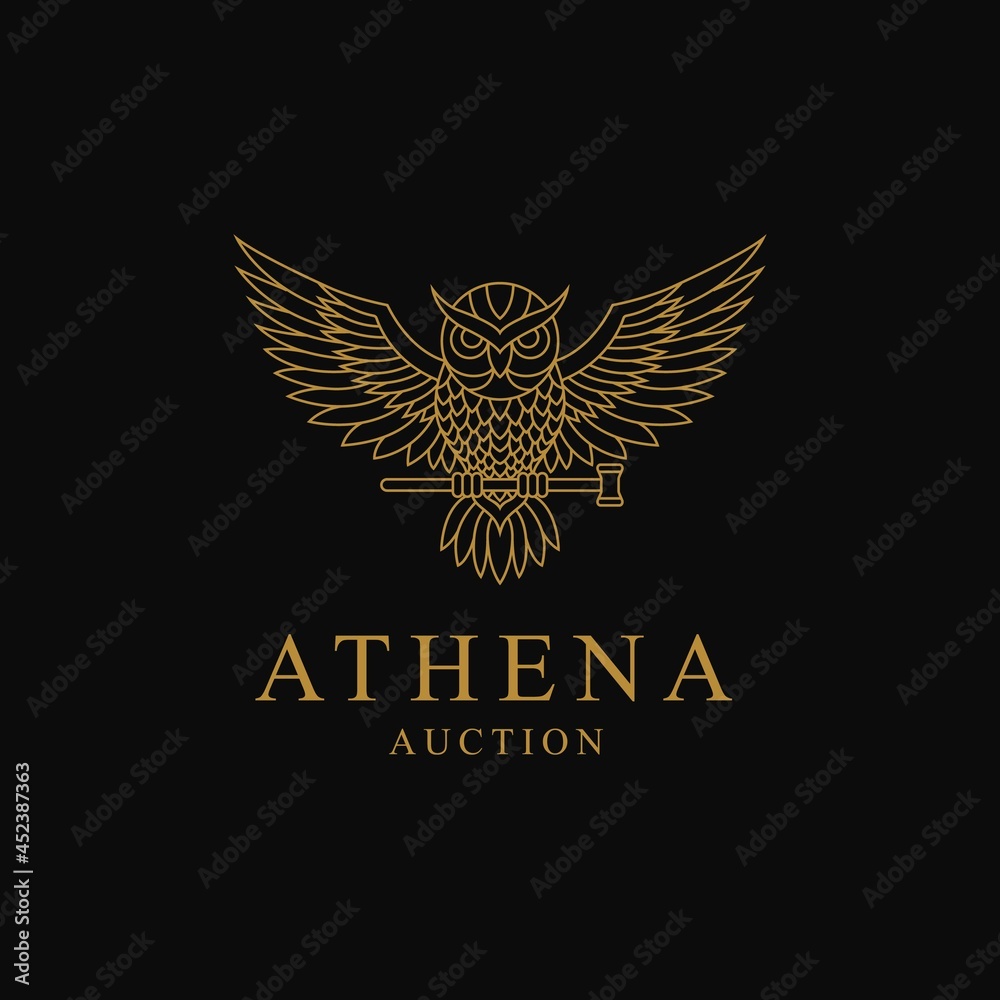 Owl wing logo with hammer line art design vector template Owl wing logo with hammer line art design vector template