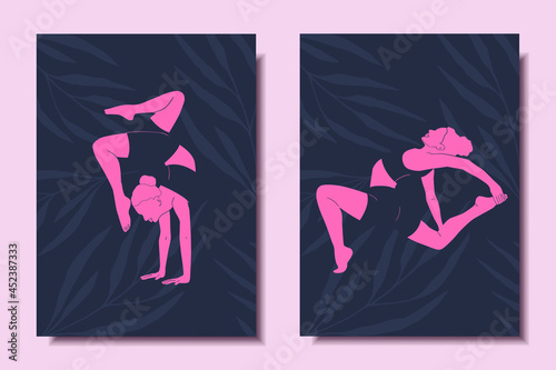 Set of bright posters with abstract women doing yoga. Modern Art. Vector illustration.