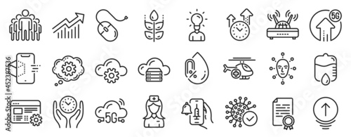 Set of Science icons, such as Certificate diploma, 5g upload, Safe time icons. Web settings, Cogwheel, Education signs. Coronavirus, Face biometrics, Hospital nurse. Swipe up, Group, Wifi. Vector