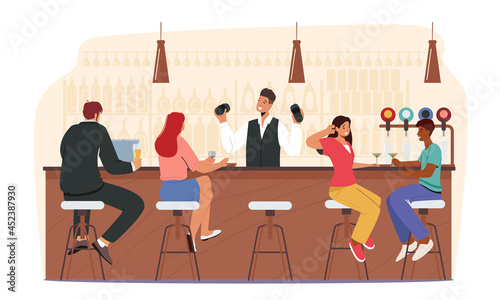 Bar Recreation. People Visit Pub, Couple Sit at High Chairs Drinking Alcohol on Counter Desk, Barman Making Cocktails