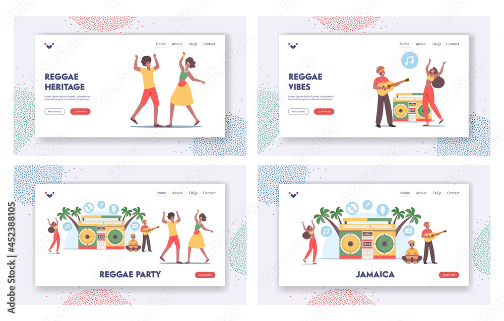 Reggae Party Landing Page Template Set. Tiny Rasta Characters in Jamaica Costumes Dance and Playing Guitar or Drum
