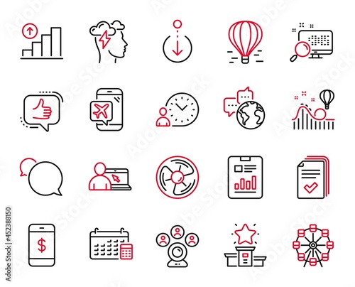 Vector Set of Technology icons related to Handout, Time management and Search icons. World communication, Scroll down and Calendar signs. Winner podium, Like and Air balloon. Messenger. Vector