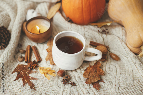 Cozy autumn days. Warm cup of tea on stylish knitted sweater with pumpkins, autumn leaves and nuts, burning candle. Happy Thanksgiving and Halloween. Hello fall season