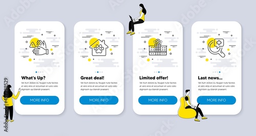 Set of Healthcare icons, such as Dont touch, Pet shelter, Hospital building icons. UI phone app screens with people. Medical analyzes line symbols. Clean hands, Dog house, Medical help. Vector