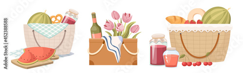 Picnic Baskets of Various Design, Hamper with Food and Drinks for Outdoor Recreation. Summer Leisure Equipment Isolated
