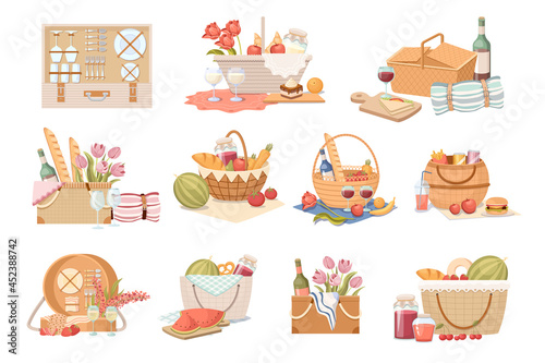 Fototapeta Naklejka Na Ścianę i Meble -  Set Picnic Baskets and Hampers with Food, Items for Outdoor Summer Recreation. Traditional Wicker Boxes with Fruits