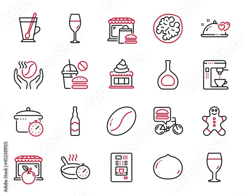 Vector Set of Food and drink icons related to Coffee maker, Macadamia nut and Romantic dinner icons. Fast food, Ice cream and Gingerbread man signs. Coffee maker web symbol. Vector