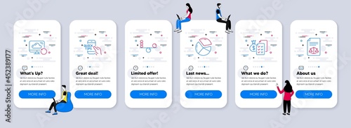 Education icons set. UI phone app screens with teamwork. Included icon as Balance, Accounting wealth, Education signs. Pie chart, Recovery cloud, Legal documents line icons. Vector