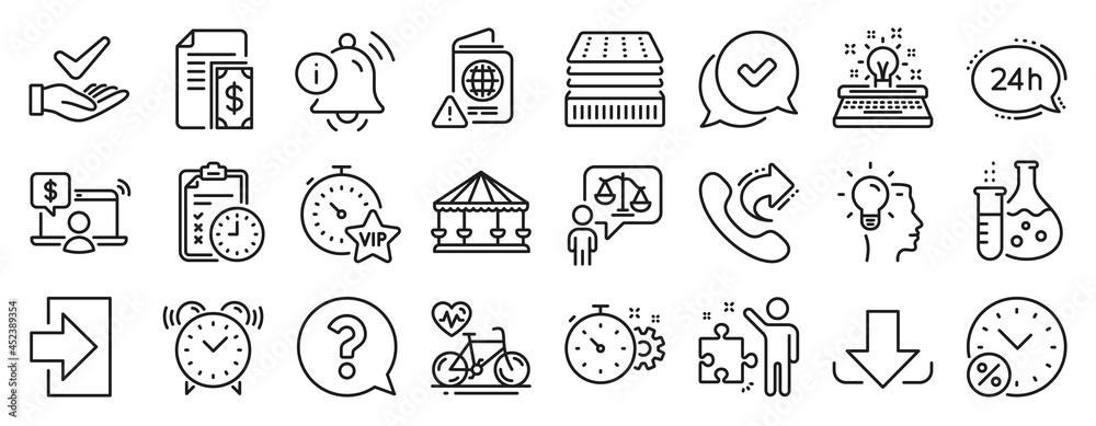 Set of Business icons, such as Download, Strategy, Vip timer icons. Alarm clock, 24h service, Exam time signs. Cogwheel timer, Carousels, Approved. Question mark, Typewriter, Idea. Login. Vector