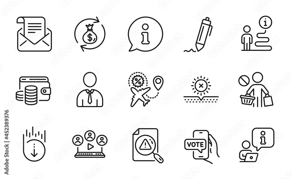 Business icons set. Included icon as Money exchange, Scroll down, Online voting signs. Mail newsletter, Video conference, Human symbols. Flight sale, Wallet money, Stop shopping. Signature. Vector Business icons set. Included icon as Money exchange, Scroll down, Online voting signs. Mail newsletter, Video conference, Human symbols. Flight sale, Wallet money, Stop shopping. Signature. Vector