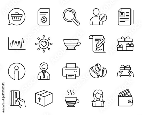 Vector set of Package, Stock analysis and Shopping cart line icons set. Feather, Cv documents and Info icons. Surprise boxes, Research and Copyrighter signs. Package web symbol. Vector