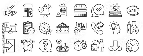 Set of Business icons  such as Download  Strategy  Vip timer icons. Alarm clock  24h service  Exam time signs. Cogwheel timer  Carousels  Approved. Question mark  Typewriter  Idea. Login. Vector