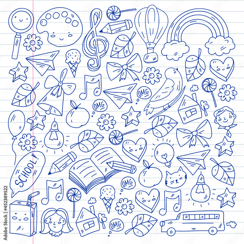 School, kindergarten with cute vector children. Creativity and imagination. Dancing, singing, painting, online education.