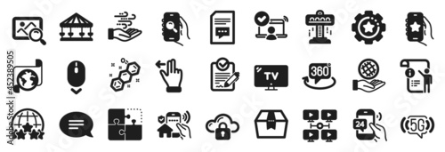 Set of Technology icons, such as Translation service, Video conference, Puzzle icons. House security, Carousels, Scroll down signs. Wind energy, Comments, Package box. Online access, Rfp. Vector