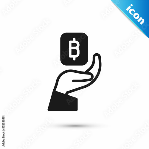 Grey Hand holding Bitcoin icon isolated on white background. Blockchain technology, digital money market, cryptocoin wallet. Vector
