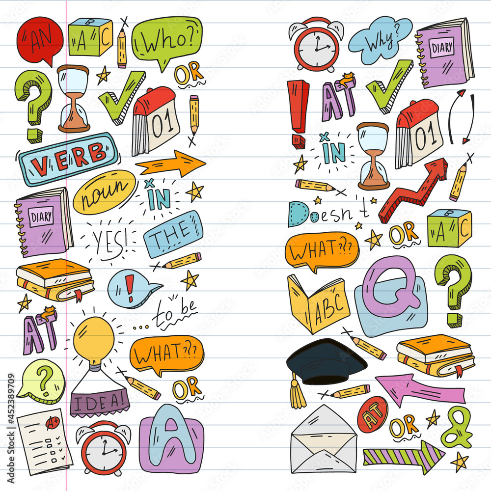 Obraz premium Doodle vector concept illustration of learning English language. English language courses. School. College. University.