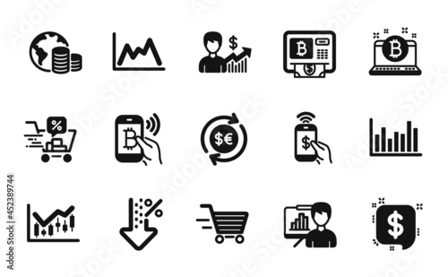 Vector set of Money currency, Bitcoin pay and Phone payment icons simple set. Financial diagram, Presentation board and Bitcoin icons. Budget, Bar diagram and Business growth signs. Vector