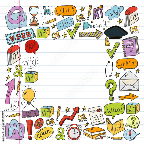 Doodle vector concept illustration of learning English language. English language courses. School. College. University.