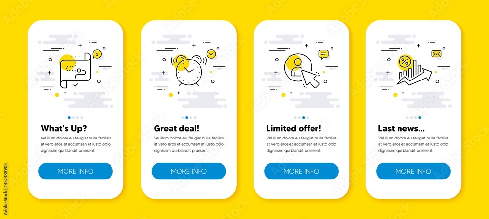 Fototapeta premium Vector set of Target path, User and Alarm clock line icons set. UI phone app screens with line icons. Loan percent icon. Business aim, Project manager, Time. Growth chart. Phone UI banners. Vector