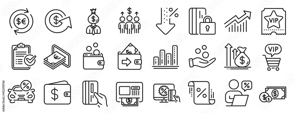Set of Finance icons, such as Wallet, Vip ticket, Graph chart icons. Online shopping, Payment card, Money currency signs. Demand curve, Low percent, Donation money. Atm, Dollar wallet. Vector
