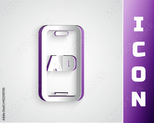 Paper cut Advertising icon isolated on grey background. Concept of marketing and promotion process. Responsive ads. Social media advertising. Paper art style. Vector